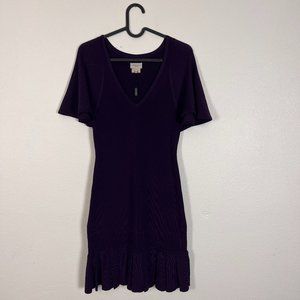 Karen Millen Womens Purple Pleated Hem Mini Dress Flutter Sleeve Stretch Size 2